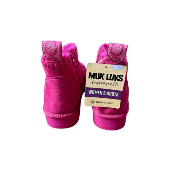 Muk Luks Augie Mini Cozy Booties Women's Pink Fuchsia Sz 7 Faux Suede Side Zip - Picture 6 of 7